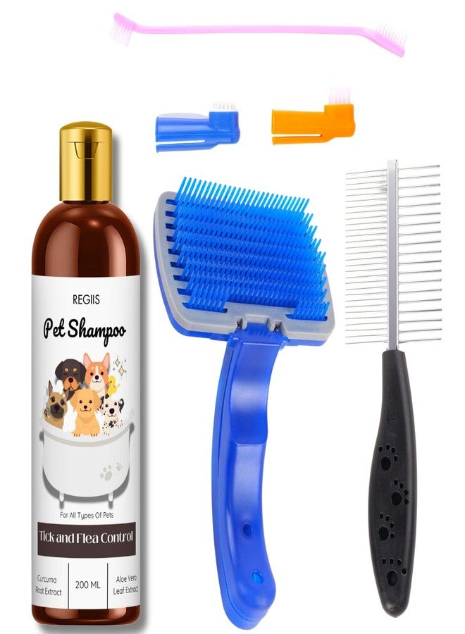 REGIIS Pet Shampoo Set with Tick and Flea Control, 200 ML Bottle, Professional Grooming Brush, Comb Kit for All Types of Pets(Pack of 4) - Image 1